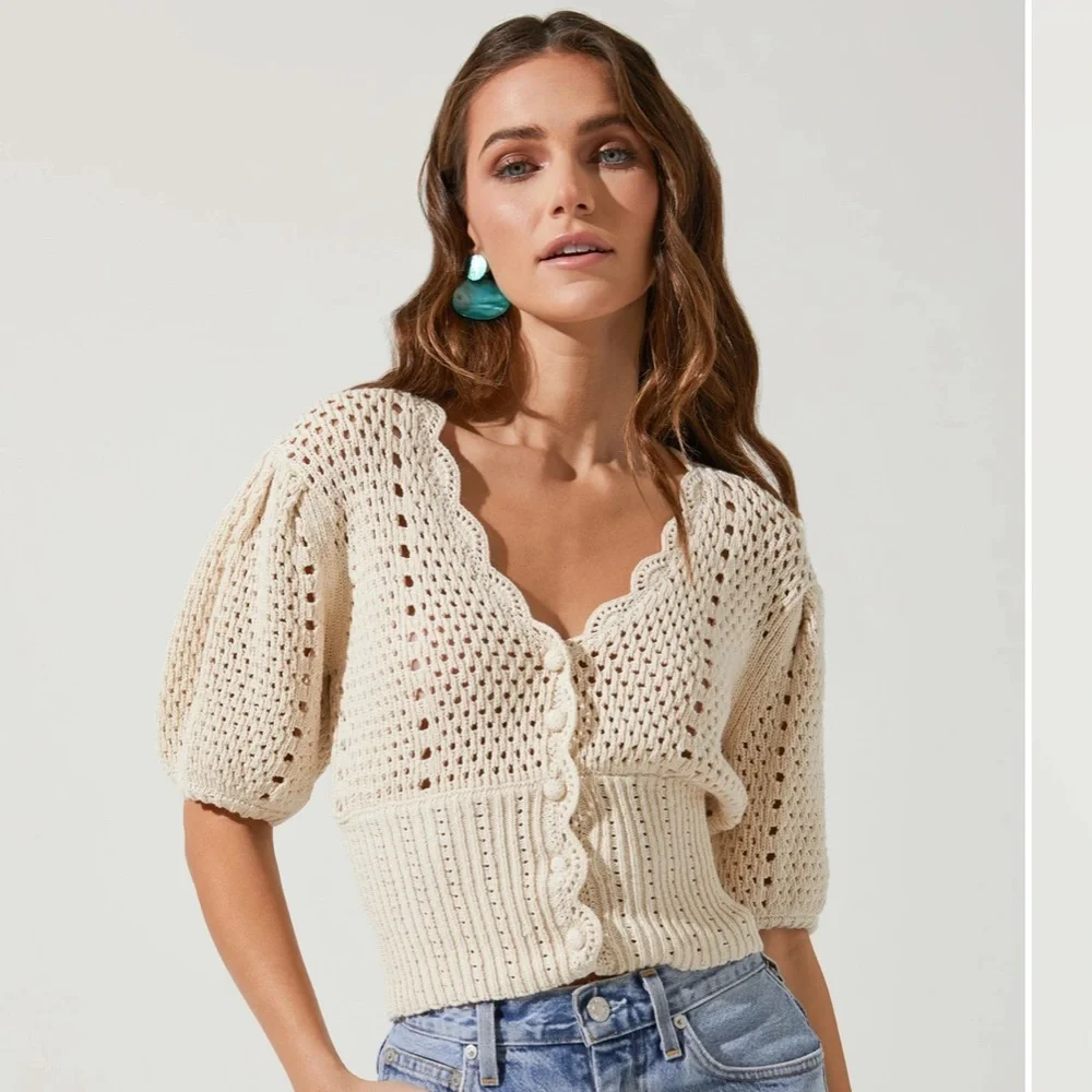 ASTR Peyton Scallop Edge Pointelle Cropped Cardigan